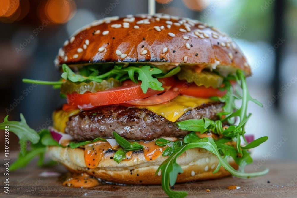 Juicy cheeseburger with fresh arugula and sauce is lying on a wooden cutting board Juicy cheeseburger with fresh arugula and sauce is lying on a wooden cutting board
