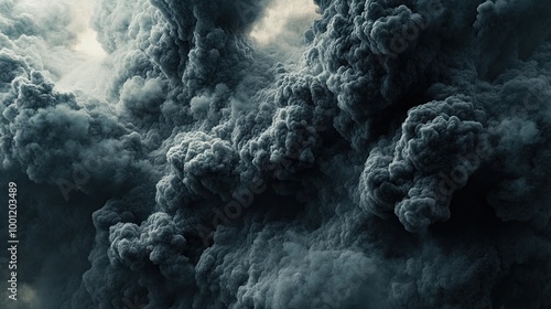 Black clouds of smoke rising from a violent eruption, with thick plumes floating ominously in the sky, forming intricate patterns.