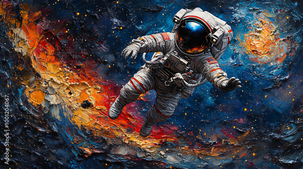 An astronaut in space depicted in a painting. An astronaut in space depicted in a painting.