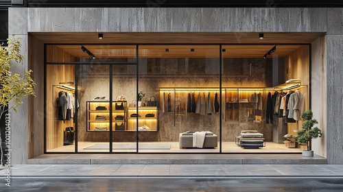 Modern fashion boutique storefront with stylish interior