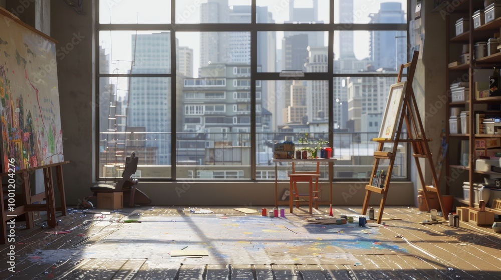 A bright, spacious artist's loft with large windows overlooking a modern cityscape, scattered with colorful supplies and easels awaiting creation. A bright, spacious artist's loft with large windows overlooking a modern cityscape, scattered with colorful supplies and easels awaiting creation.