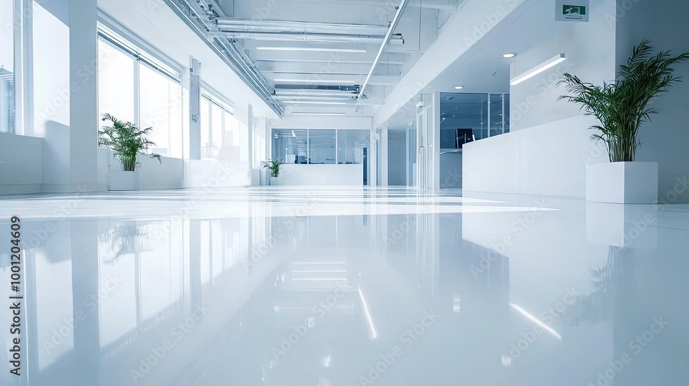 Brightly lit room with a pristine epoxy resin floor, smooth and glossy, ready for use in an office or production space. Fresh and modern look. Brightly lit room with a pristine epoxy resin floor, smooth and glossy, ready for use in an office or production space. Fresh and modern look.