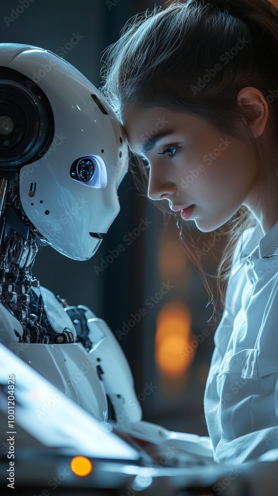 A young girl in a white coat gazes intently at a humanoid robot, their faces close together in a moment of curiosity and connection, illuminated by soft light. A young girl in a white coat gazes intently at a humanoid robot, their faces close together in a moment of curiosity and connection, illuminated by soft light.