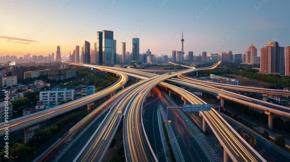 Fototapeta premium A stunning cityscape at dusk, with intertwining highways creating intricate light trails against a background of skyscrapers.