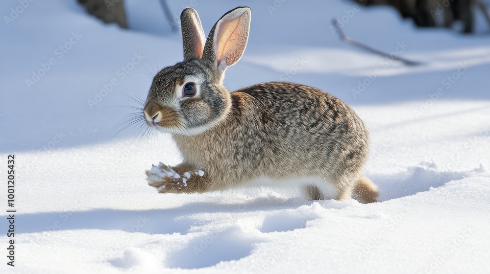Rabbit Bounding Through the Snow in Winter Landscape Rabbit Bounding Through the Snow in Winter Landscape