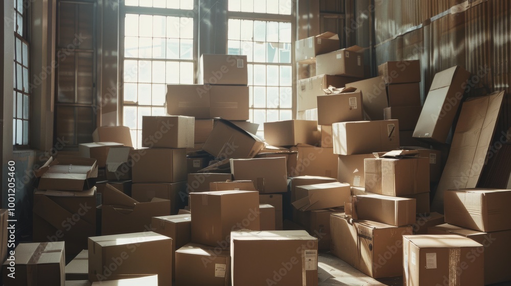 Sunlight illuminates a cluttered array of cardboard boxes stacked haphazardly in a spacious room, conveying a scene of bustling activity or recent relocation. Sunlight illuminates a cluttered array of cardboard boxes stacked haphazardly in a spacious room, conveying a scene of bustling activity or recent relocation.