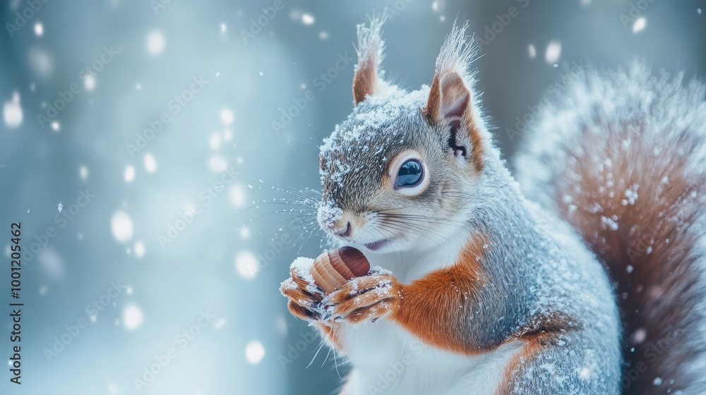 Close-up of Squirrel Holding an Acorn in Snow Close-up of Squirrel Holding an Acorn in Snow