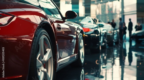 Close-up of luxury cars lined up in a modern showroom with gleaming surfaces, reflecting opulence and high standards of automotive beauty.