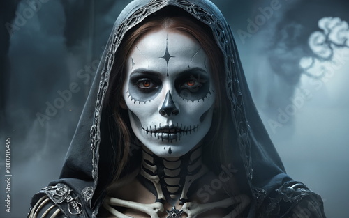 Gothic skull makeup portrait, eerie mood, detailed skeletal designs against a dark background
