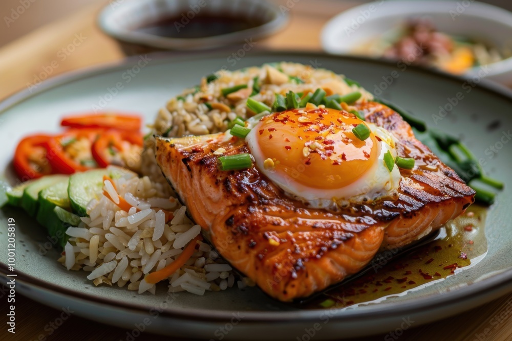 Salmon fried rice topped with a sunny-side egg and fresh vegetables Salmon fried rice topped with a sunny-side egg and fresh vegetables