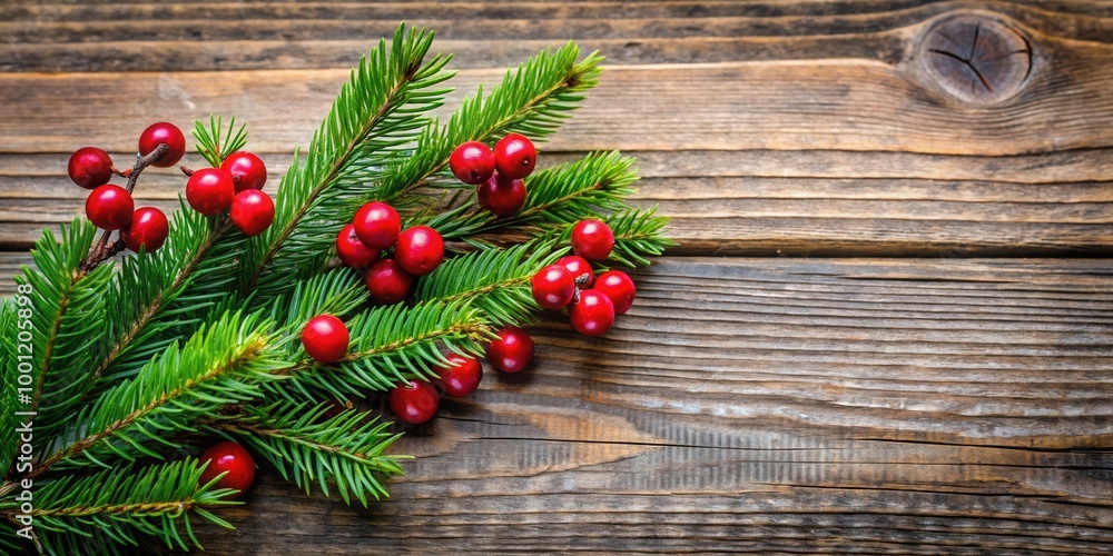 Christmas Fir Twig with Red Berries on Rustic Wooden Background for Festive Holiday Decor Christmas Fir Twig with Red Berries on Rustic Wooden Background for Festive Holiday Decor