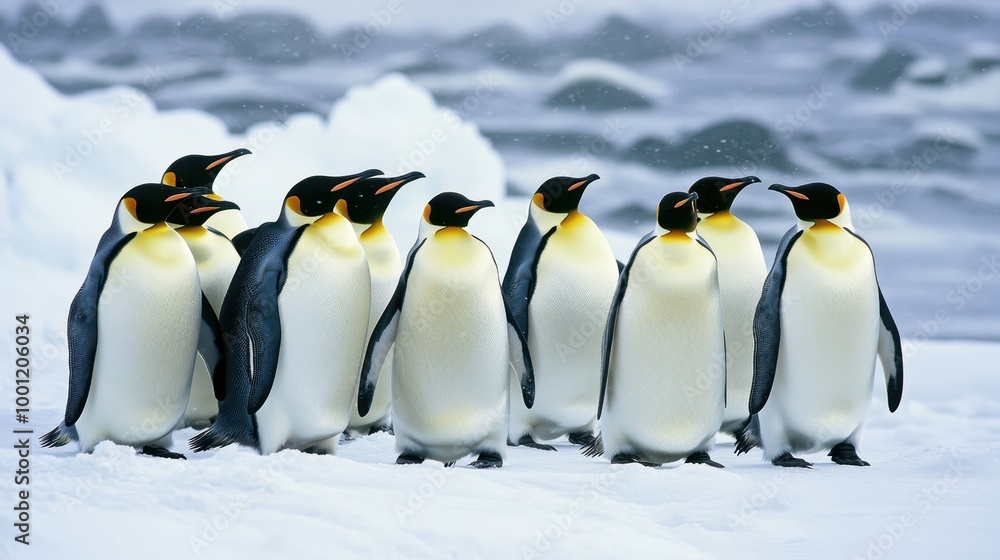 Obraz premium Penguins Huddled Together on Snowy Landscape