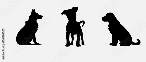 Dog silhouette collection vector. Dog in various poses and activities like jumping, sitting, running, playing, and standing. Silhouette black puppies, pet dog vector