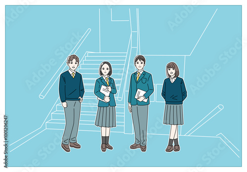 制服を着た笑顔の学生の全身イラスト　学校の廊下