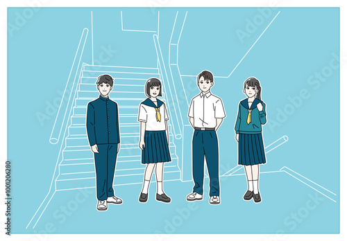制服を着た笑顔の学生の全身イラスト　学校の廊下