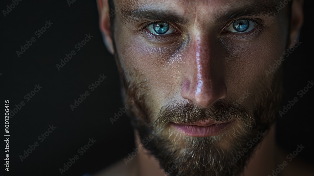 Fototapeta premium Close-up portrait of a man with deep blue eyes and a neatly trimmed beard, emphasizing his striking features and contemplative expression.