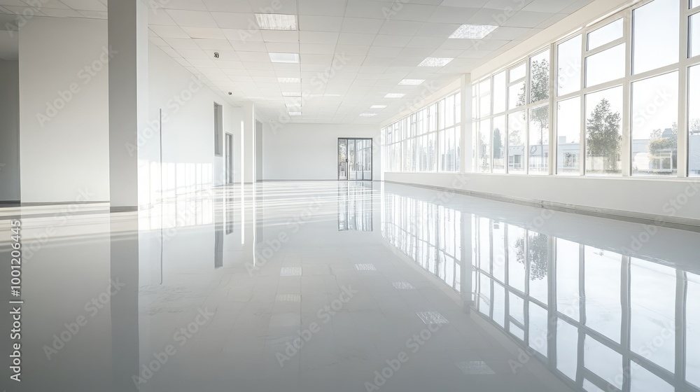 Clean and modern room with a glossy epoxy resin floor, well-lit and empty, perfect for use as an office or studio space after renovation. Clean and modern room with a glossy epoxy resin floor, well-lit and empty, perfect for use as an office or studio space after renovation.