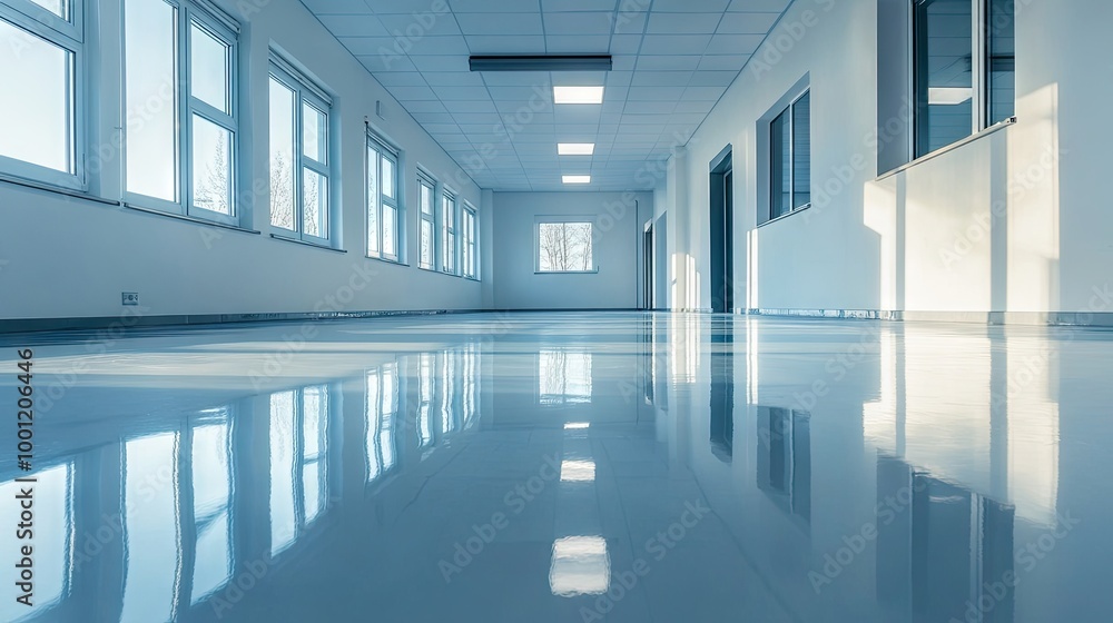 Clean and modern room with a glossy epoxy resin floor, well-lit and empty, perfect for use as an office or studio space after renovation. Clean and modern room with a glossy epoxy resin floor, well-lit and empty, perfect for use as an office or studio space after renovation.