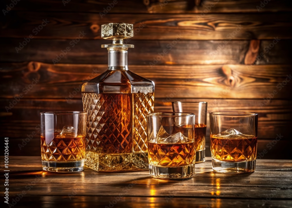 Luxurious whiskey bottles and glasses sit atop a rich, dark wood background, surrounded by subtle lighting, warm tones, Luxurious whiskey bottles and glasses sit atop a rich, dark wood background, surrounded by subtle lighting, warm tones,
