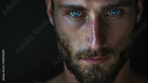 Close-up portrait of a man with deep blue eyes and a neatly trimmed beard, emphasizing his striking features and contemplative expression.