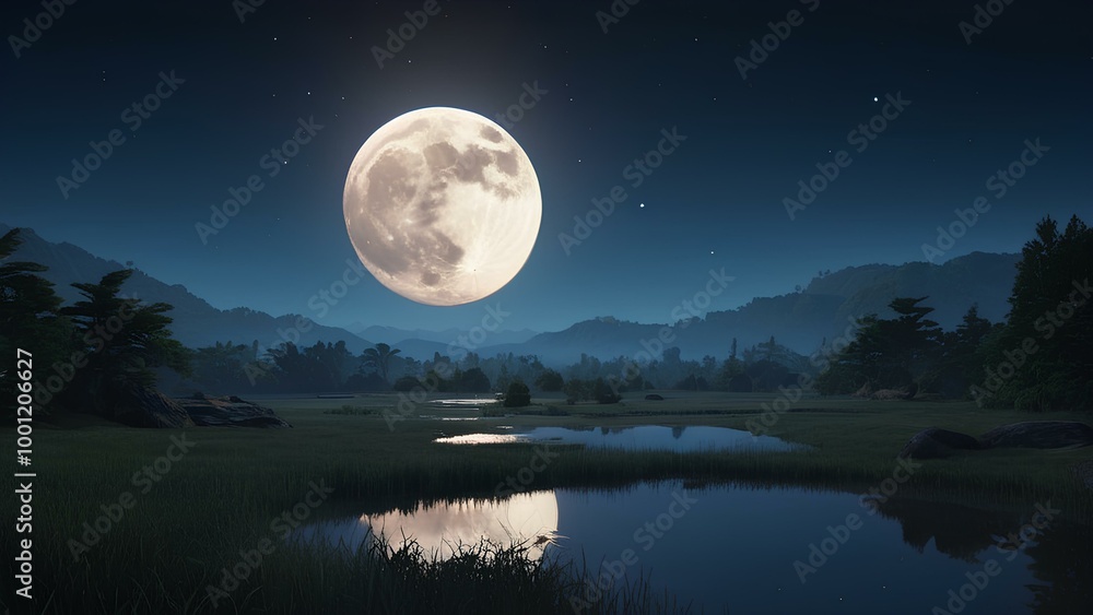 Fototapeta premium A glowing moon rises over a serene, peaceful landscape, casting soft light on a tranquil lake and trees. The sharp 4K resolution enhances the calm atmosphere