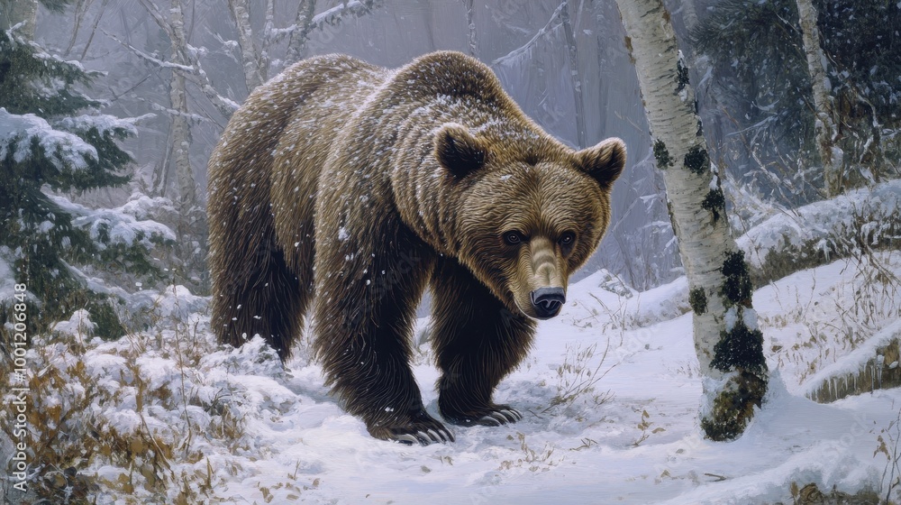Obraz premium Brown Bear Foraging for Food in Snowy Forest
