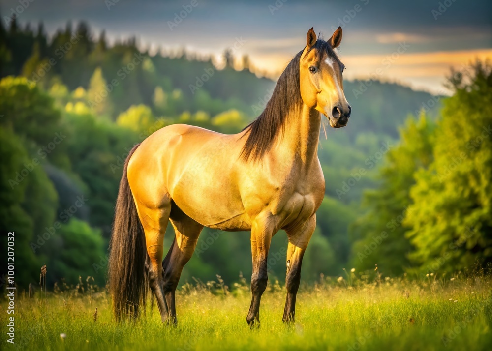 Fototapeta premium Majestic buckskin horse stands proudly in a lush green meadow, its golden coat glistening in the warm sunlight,