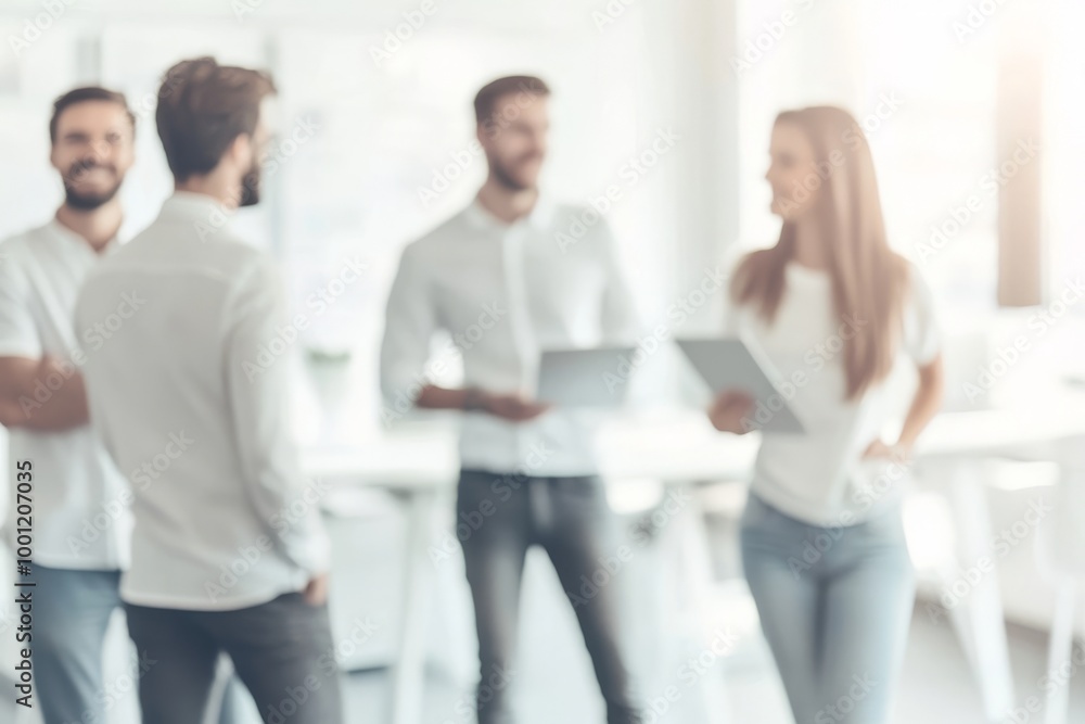 Group of professionals engaging in discussion while holding tablets in a bright office setting during the day Group of professionals engaging in discussion while holding tablets in a bright office setting during the day