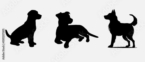 Dog silhouette collection vector. Dog in various poses and activities like jumping, sitting, running, playing, and standing. Silhouette black puppies, pet dog vector