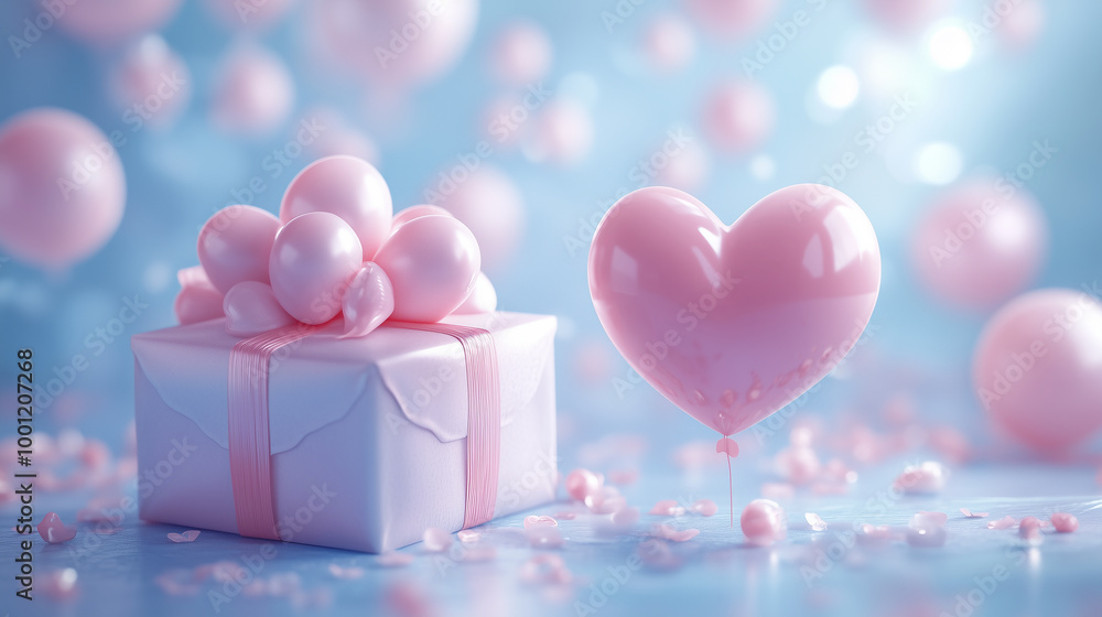Fototapeta premium A beautifully wrapped gift box adorned with pink balloons and heart shaped balloon, creating festive and joyful atmosphere. Perfect for celebrations and special occasions.