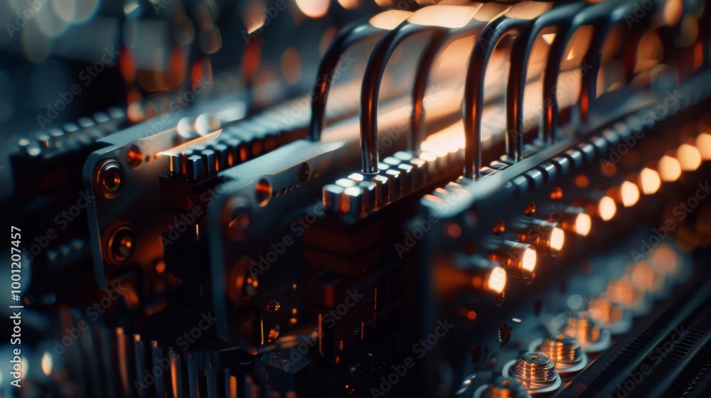 A detailed close-up of computer hardware showcasing intricate components, glowing with ambient lights in a high-tech, futuristic setting. A detailed close-up of computer hardware showcasing intricate components, glowing with ambient lights in a high-tech, futuristic setting.