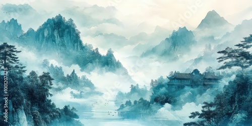 Floating island with pine trees and misty mountains in a dreamy sky