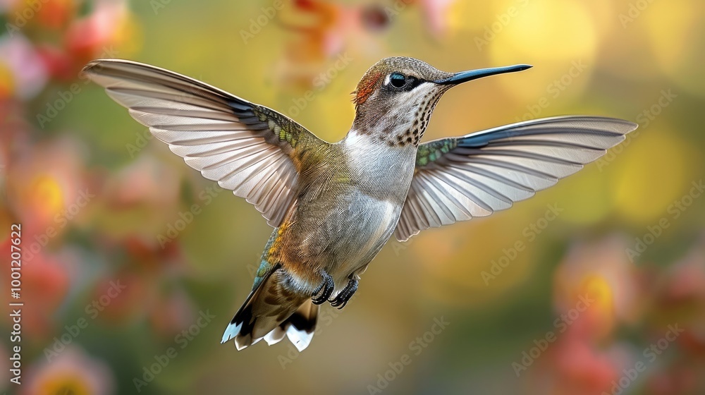 A hummingbird in flight, flapping its wings. A hummingbird in flight, flapping its wings.