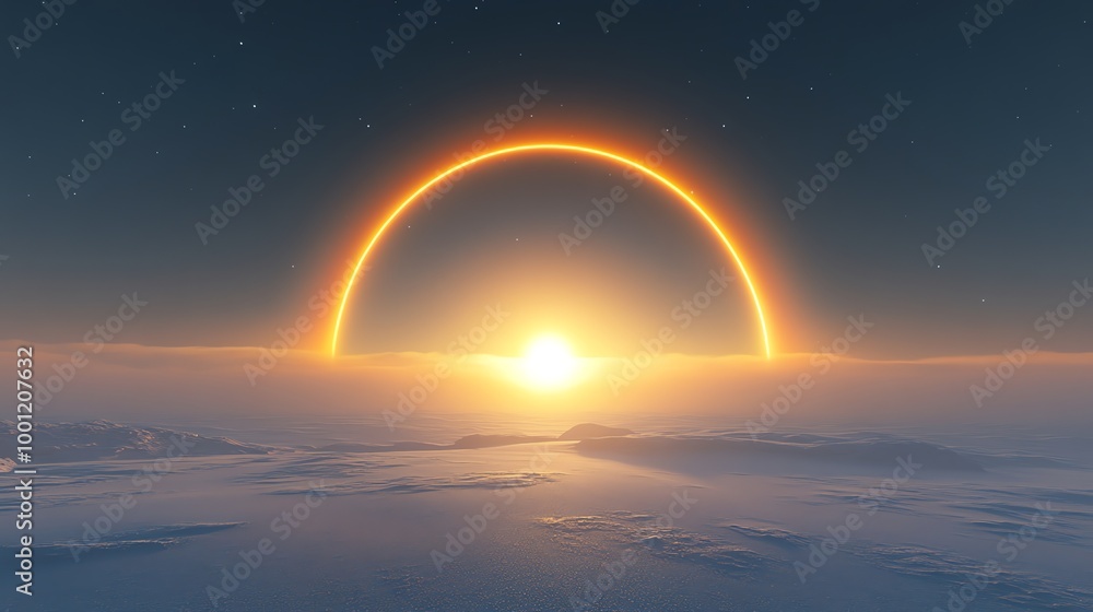 A glowing orange arc in the sky as the sun rises over a white, barren landscape. A glowing orange arc in the sky as the sun rises over a white, barren landscape.