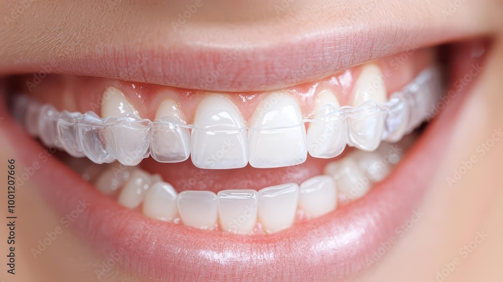 Fototapeta premium Close-up of smiling woman wearing clear dental braces.
