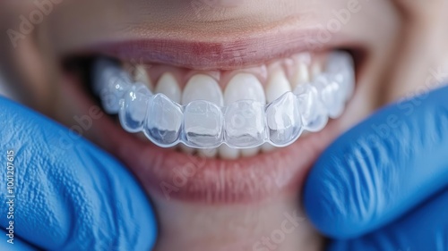 Close-up of a person wearing clear dental aligners with a bright smile. photo