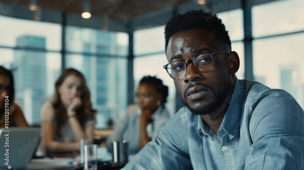 A thoughtful man, seated in a bright office, gazes attentively at a colleague, portraying focus and engagement in an important meeting. A thoughtful man, seated in a bright office, gazes attentively at a colleague, portraying focus and engagement in an important meeting.