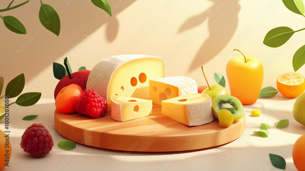 Swiss cheese and fruit are on wooden plate