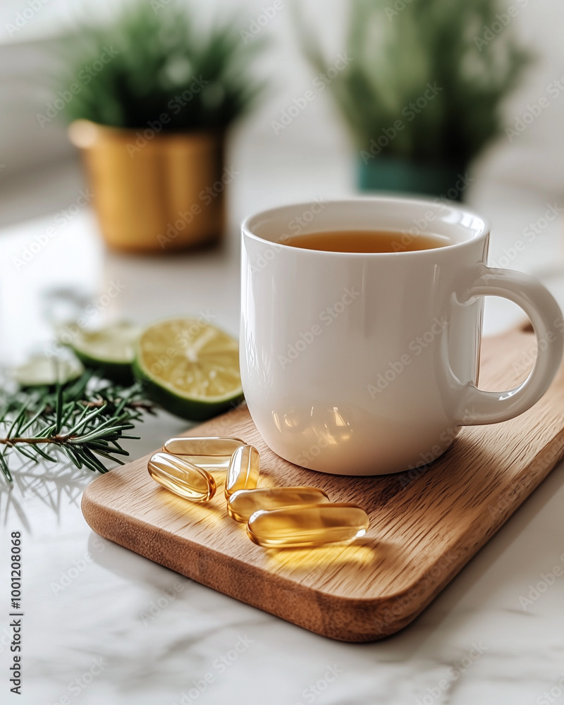 Herbal Tea in Glass Cup with Capsules and Fresh Herbs Herbal Tea in Glass Cup with Capsules and Fresh Herbs
