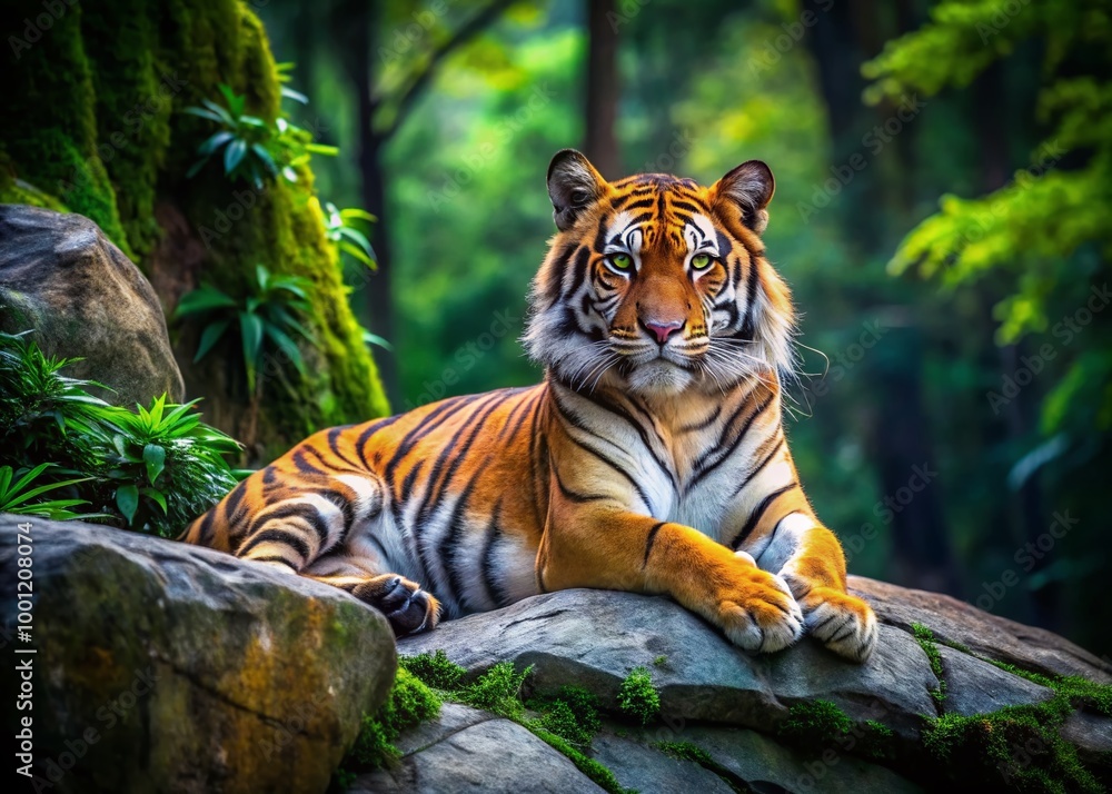 Majestic orange and black tiger lying on rocky outcropping amidst lush green forest, gazing intensely into camera, Majestic orange and black tiger lying on rocky outcropping amidst lush green forest, gazing intensely into camera,