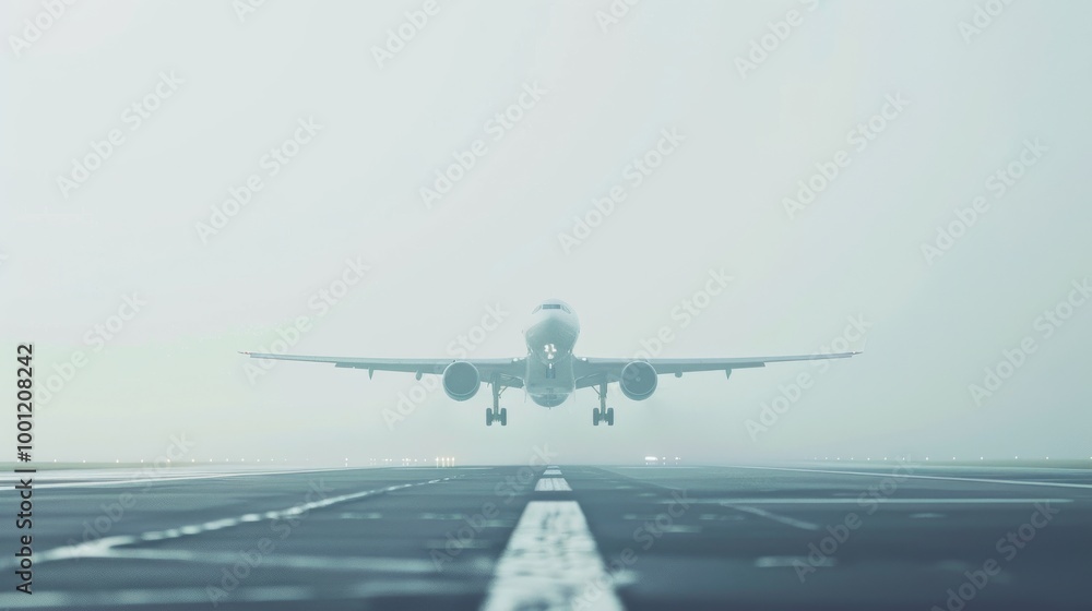 Fototapeta premium An airplane takes off from a foggy runway, its silhouette barely visible through the mist, creating a scene of quiet anticipation and journey into the unknown.