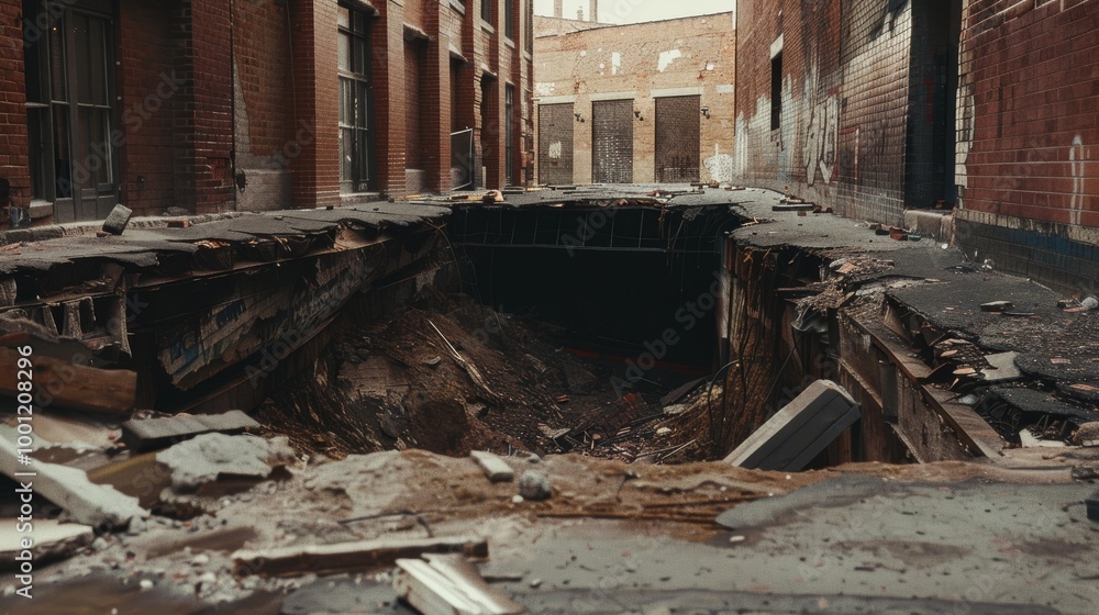 A desolate alleyway with a huge, gaping sinkhole dominating the center, flanked by dilapidated brick buildings under a cloudy sky. A desolate alleyway with a huge, gaping sinkhole dominating the center, flanked by dilapidated brick buildings under a cloudy sky.