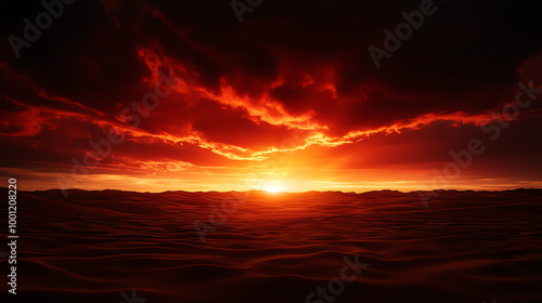 Expansive desert with sand dunes under a dramatic sunset, deep red sky merging with vastness, beautiful sky sunset vast, isolation and tranquility