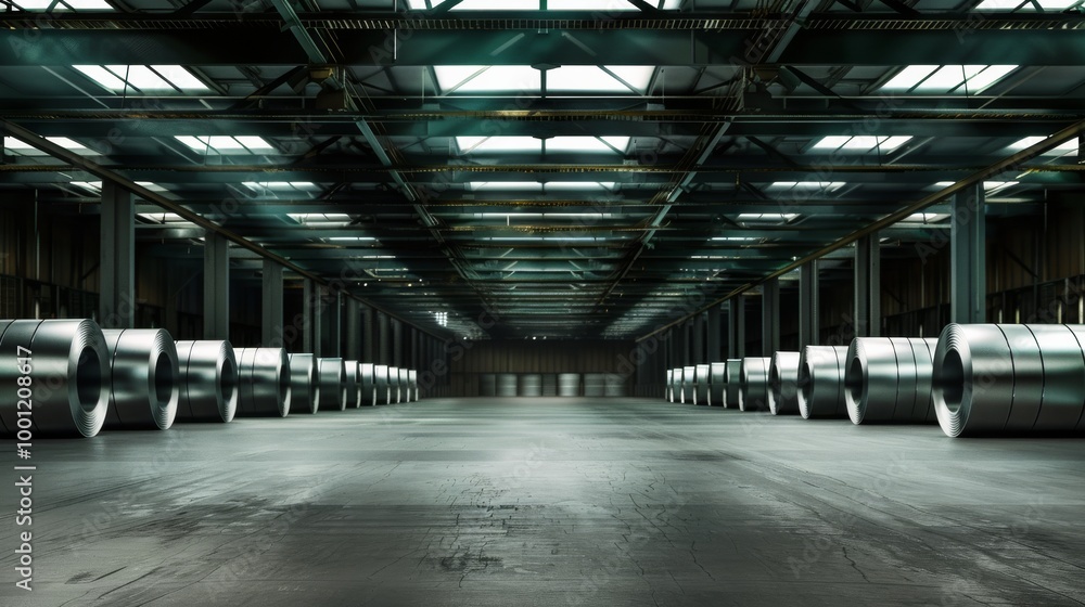 An expansive industrial warehouse lined with neatly arranged large steel coils, under a well-lit ceiling with skylights. An expansive industrial warehouse lined with neatly arranged large steel coils, under a well-lit ceiling with skylights.