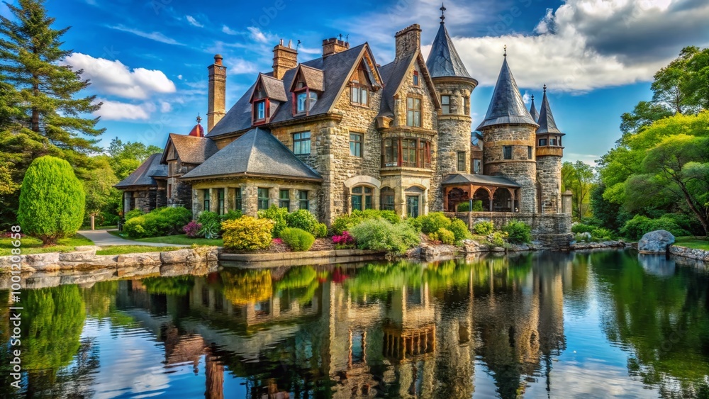 Naklejka premium Majestic Victorian-style mansion with intricate stone walls, turrets, and stained glass windows undergoes meticulous