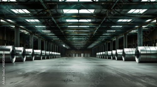 An expansive industrial warehouse lined with neatly arranged large steel coils, under a well-lit ceiling with skylights.