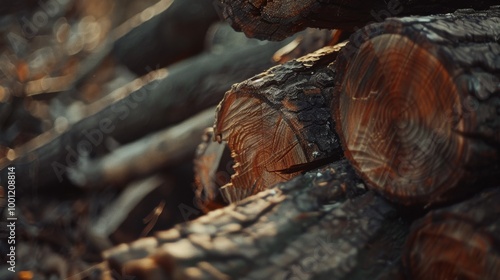 Wallpaper Mural Freshly cut logs are stacked neatly in a sun-dappled forest setting, emphasizing the beauty of natural wood. Torontodigital.ca