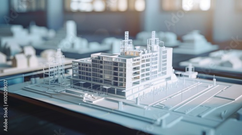 A detailed architectural model of a modern building complex with soft lighting highlighting its intricate design in an office setting.