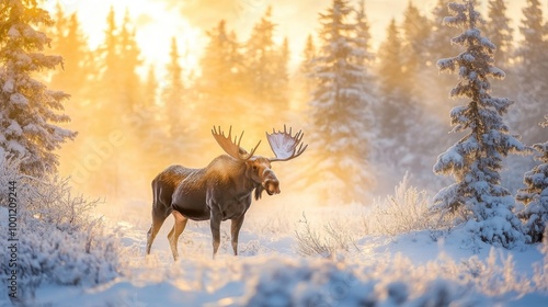 Moose Standing in Snowy Meadow at Sunrise