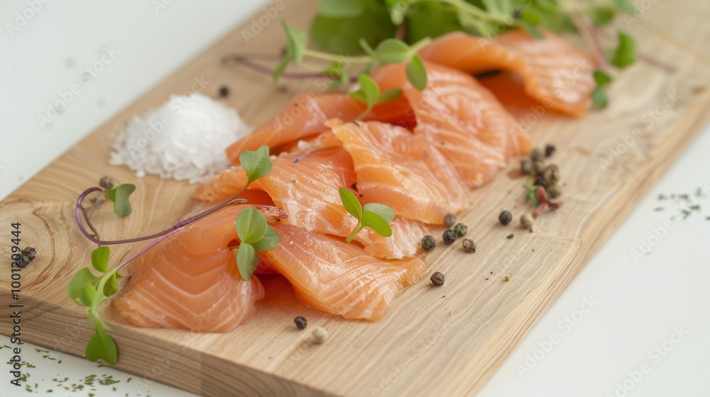 Freshly sliced raw salmon arranged artfully on a wooden board garnished with microgreens, salt, and pepper, ready to be served. Freshly sliced raw salmon arranged artfully on a wooden board garnished with microgreens, salt, and pepper, ready to be served.